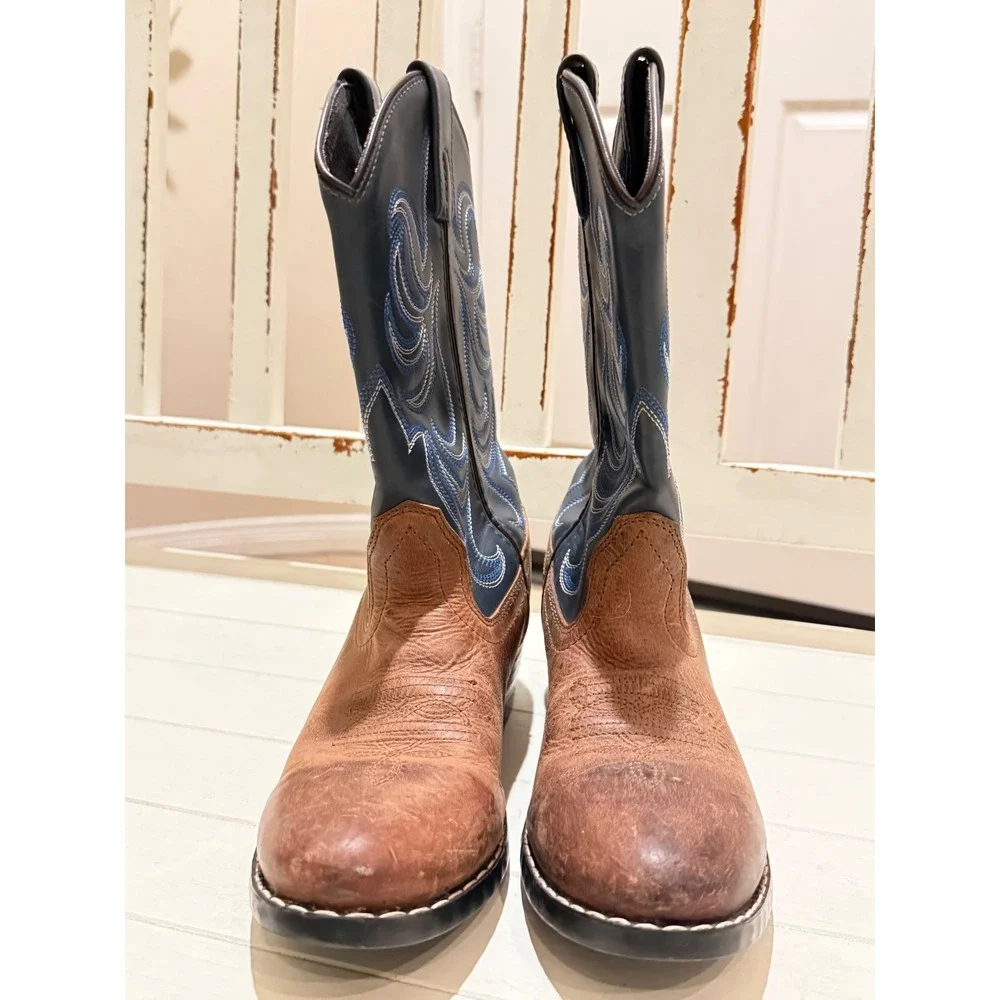 Cody James Kids Brown Leather‎ Navy Blue Stitched Western Cowboy Boots Size 4 D